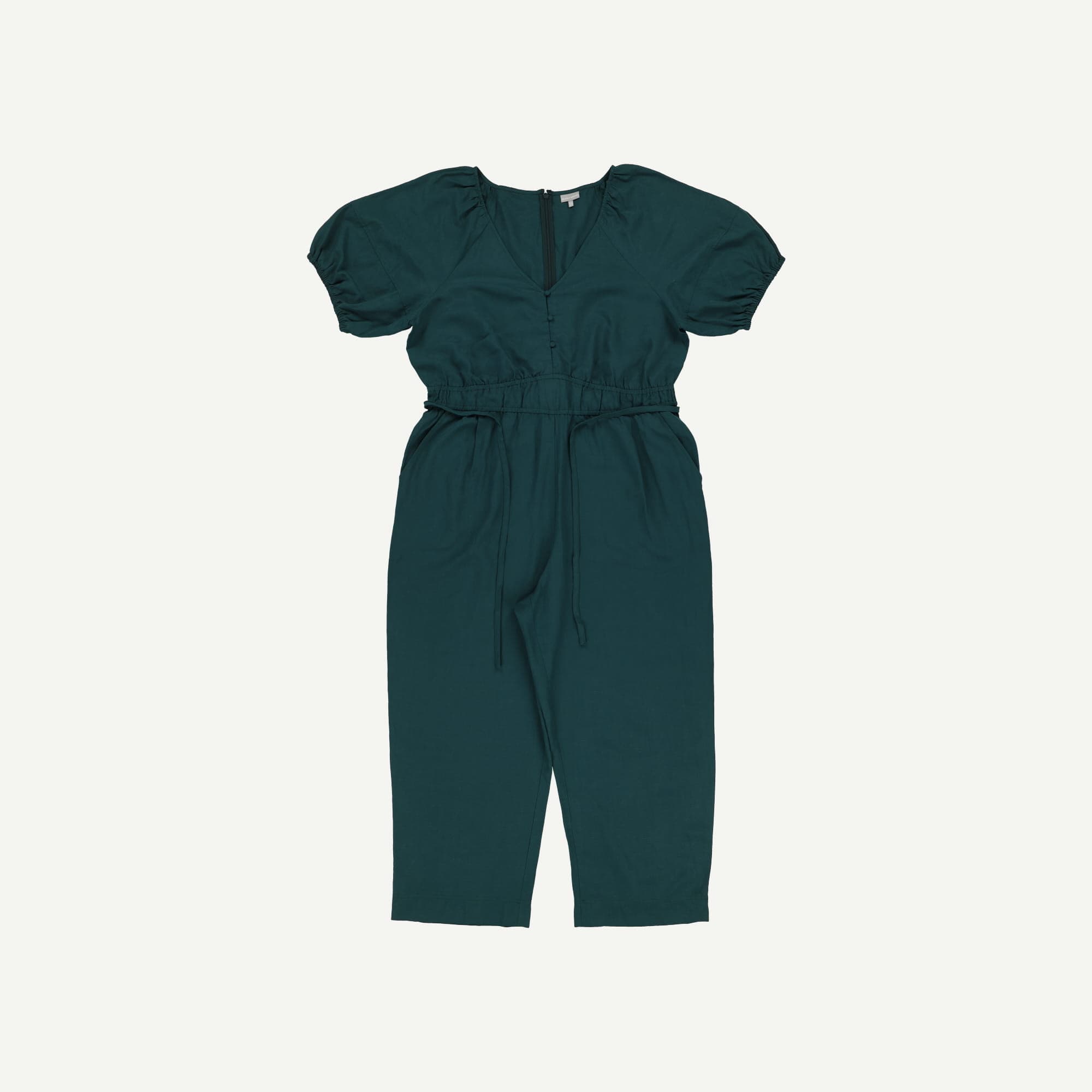 Short Sleeve Gathered Waist Green Jumpsuit